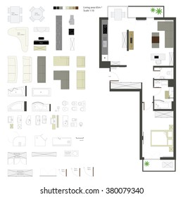 Vector flat projection with furniture. Set. Scale one to ten