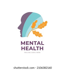 Vector flat psychologic Mental Health logo in modern colors, the colorful head with leaves growing on mind, isolated. Can be used as as  psychology symbol.
