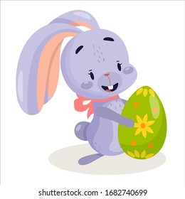 Vector flat rabbit with easter egg. Stock vector easter bunny with egg isolated on white background.