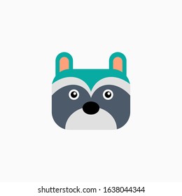 Vector Flat Raccoon's face isolated. Cartoon style illustration. Animal's head logo. Object for web, poster, banner, print design. Advertisement decoration element.