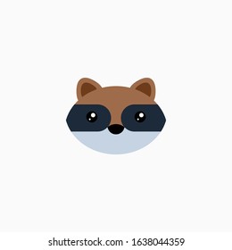 Vector Flat Raccoon's face isolated. Cartoon style illustration. Animal's head logo. Object for web, poster, banner, print design. Advertisement decoration element.