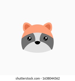 Vector Flat Raccoon's face isolated. Cartoon style illustration. Animal's head logo. Object for web, poster, banner, print design. Advertisement decoration element.