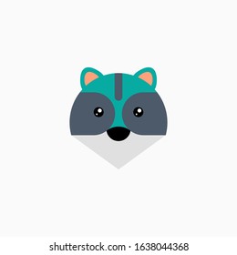 Vector Flat Raccoon's face isolated. Cartoon style illustration. Animal's head logo. Object for web, poster, banner, print design. Advertisement decoration element.
