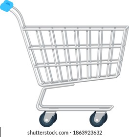 Vector flat realistic illustration of side view empty supermarket shopping cart. Shopping trolley isolated on white background. Metal shopping basket with wheels.