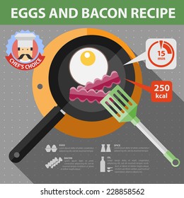 Vector flat recipe infographic. Eggs and bacon breakfast. Eps10