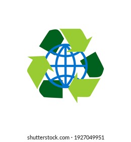 Vector flat Recycling arrows symbol with Earth globe inside isolated on white background.