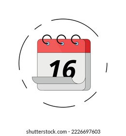 Vector flat red calendar icon with stroke, vector illustration of specific day calendar marking day 16.