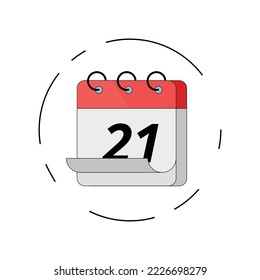 Icono vectorial de calendario rojo plano con trazo, ilustración vectorial del día 21 marcando el calendario específico.