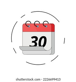 Vector flat red calendar icon with stroke, vector illustration of specific day calendar marking day 30.