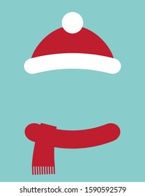 Vector flat red cartoon hat and scarf for the winter Christmas holiday isolated on blue background
