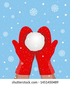 Vector flat red mittens and snowball Christmas card