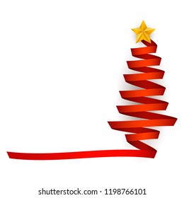 Vector flat red ribbon christmas tree with golden star at top. Traditional winter holiday, merry christmas and happy new year decoration design element, greeting invitation card element