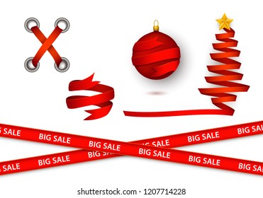 Vector flat red ribbon elements for christmas sales set. Christmas tree with golden star at top, ball toy, spiral ribbon, restriction stripes with big sale, X style shoelaces. Winter holiday design