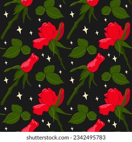 Vector flat red roses seamless pattern with lights. Dark theme. Perfect for wrapping paper, background, wallpaper, textile, banner, scrapbooking, banner