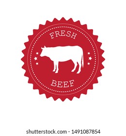 Vector flat red round retro beef logo with cow silhouette isolated on white background