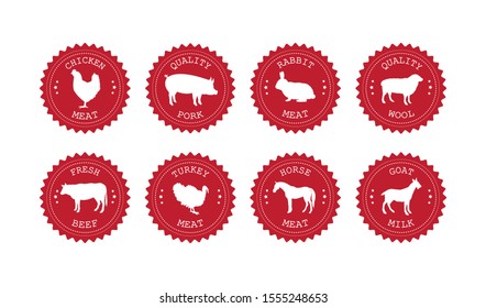 Vector flat red set bundle of retro round logo with domestic animals isolated on white background
