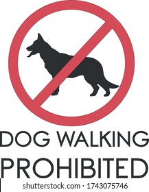 Vector flat red sign with text dog walking prohibited, crossed out silhouette, isolated on white background