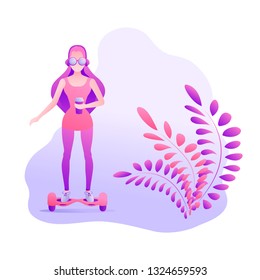 Vector flat red and violet illustration of a gradient girl with headphones and coffee standing on self balancing electric scooter. Isolated on the white background.