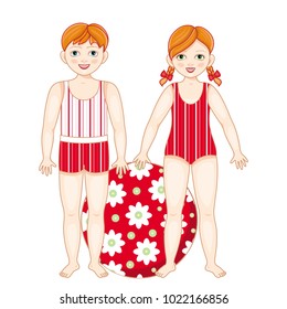 Vector flat redhead boy girl kids friends standing in summer swimsuit smiling with inflatable ring with flowers. Male, female character happy expression. Isolated illustration, white background