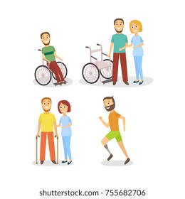 vector flat rehabilitation scenes set. women physiotherapist helps men patient with restriction of movement, another man sitting in wheelchair and running with foot prosthesis. Isolated illustration