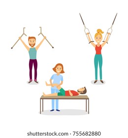 vector flat rehabilitation scenes set. woman physiotherapist working with man patient with restriction of movement, another man and woman raising hands with crutches up. Isolated illustration