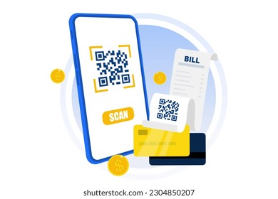 Vector flat render smartphone scans QR code from paper bill invoice with mobile app banner design. In-app billing service in isometric vector illustrations