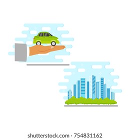 vector flat renewable, alternative energy icon set. electric car in man palm of hand, modern green city with parks. Isolated illustration on a white blue abstract background.