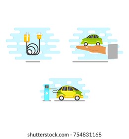 vector flat renewable, alternative energy icon set. electric car charging at charging station, power wire with plug, car in palm of hand. Isolated illustration on a white blue abstract background.