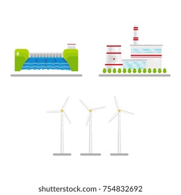 vector flat renewable, alternative energy icon set. Hydroelectric dam, wind turbine and nuclear reactor power plants. Isolated illustration on a white blue abstract background.