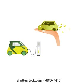vector flat renewable, alternative energy icon set. electric car charging at charging station, car in palm of hand exhausting green leaves. Isolated illustration on a white background.