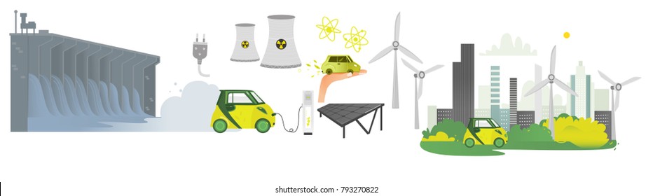 vector flat renewable, alternative energy icon set. Hydroelectric dam, solar panel, nuclear reactor, windmill, power plants, power plug with wire, electric car charging, modern green city isolated.