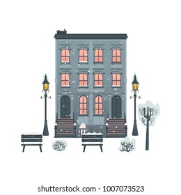 Vector flat residental building, streetlight, street benches and bushes icon. Vintage architecture, construction. Dormitory area symbol urban landscape background design Isolated illustration