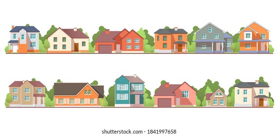 Vector flat residential houses. Front view with roof. Isolated on white background