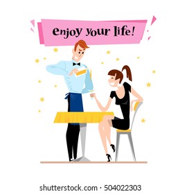 Vector flat restaurant illustration. Cartoon style. Awesome young lady at the cafe table in restaurant evening party. Ladies funny night illustration. Young happy woman character.