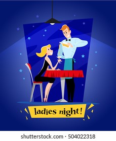 Vector flat restaurant illustration. Cartoon style. Awesome young lady at the cafe table in restaurant evening party. Ladies funny night illustration. Young happy woman character.