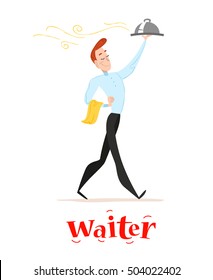 Vector flat restaurant illustration. Cartoon style. Restaurant service people portrait isolated on white background. Food team character. Waiter, man in uniform portrait walking.