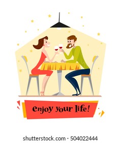 Vector flat restaurant illustration. Cartoon style. Cute dating man and lady characters. Happy guy and girl sitting at the cafe table drinking wine in the evening restaurant.