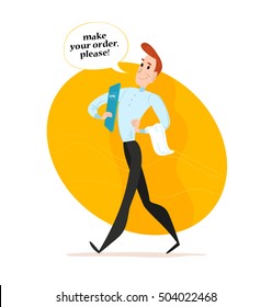 Vector flat restaurant illustration. Cartoon style. Restaurant service people portrait isolated on white background. Food team character. Waiter, man in uniform portrait walking.