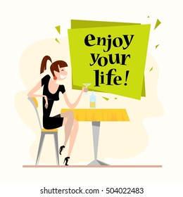 Vector flat restaurant illustration. Cartoon style. Awesome young lady at the cafe table in restaurant evening party. Ladies funny night illustration. Young happy woman character.