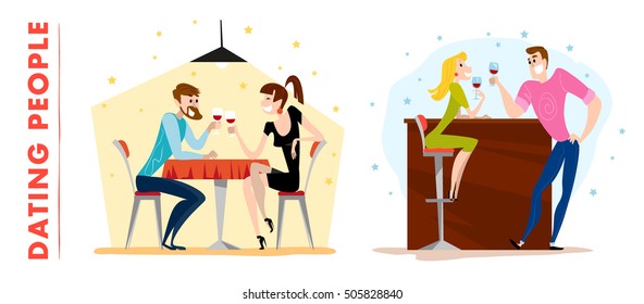 Vector flat restaurant illustration. Cartoon style. Cute dating man and lady characters. Happy guy and girl sitting at the cafe table drinking wine in the evening restaurant.