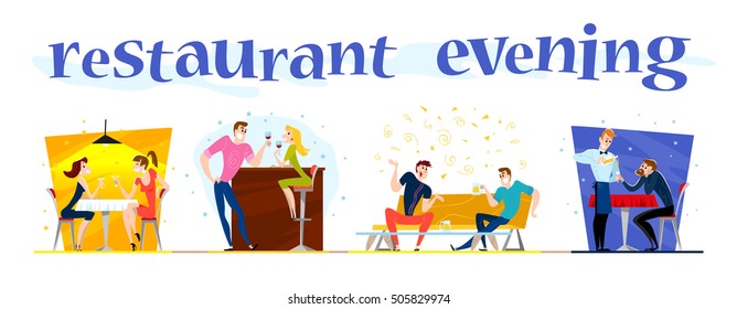 Vector flat restaurant people illustration. Cartoon style. Funny happy people at cafe, bar table. Boy and girl in love sitting in restaurant on a date. Evening party. Waiter, cheerful men characters.