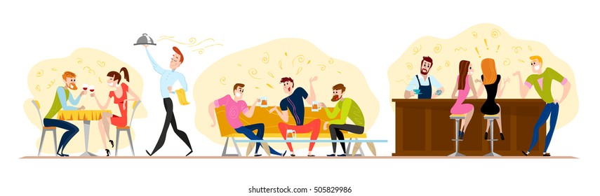 Vector flat restaurant people illustration. Cartoon style. Funny happy people at cafe, bar table. Boy and girl in love sitting in restaurant on a date. Evening party. Waiter, cheerful men characters.