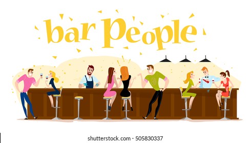 Vector flat restaurant people illustration. Cartoon style. Funny cute people at cafe table, bar table. Boy and girl sitting in restaurant on a date. Evening party. Waiter, visitor characters.