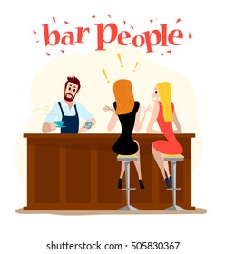 Vector flat restaurant people illustration. Cartoon style. Funny cute people at cafe table, bar table. Boy and girl sitting in restaurant on a date. Evening party. Waiter, visitor characters.