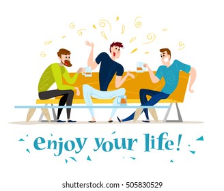 Vector flat restaurant people illustration. Cartoon style. Funny happy men at cafe table, sofa. Guy company sitting in restaurant. Evening party. Waiter, cheerful boys characters.