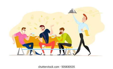 Vector flat restaurant people illustration. Cartoon style. Funny happy men at cafe table, sofa. Guy company sitting in restaurant. Evening party. Waiter, cheerful boys characters.