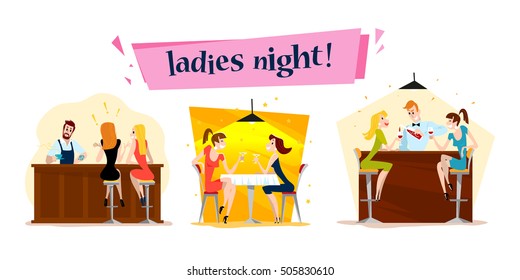 Vector flat restaurant people illustration. Cartoon style. Funny happy people at cafe table, bar table. Girl company sitting in restaurant. Evening party. Waiter, cheerful women characters.