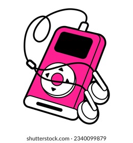 Vector flat retro illustration of 00s pink audio player with headset. Hand drawn sketch