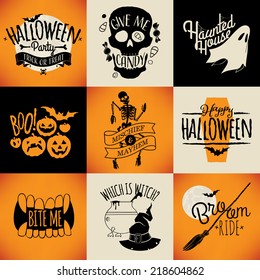 Vector flat retro looking halloween items, decorations, lettering and design elements | Everything for your halloween invitation, greeting card, poster or scrapbook design