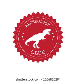 Vector flat retro red round logo with tyrannosaurus isolated on white background 